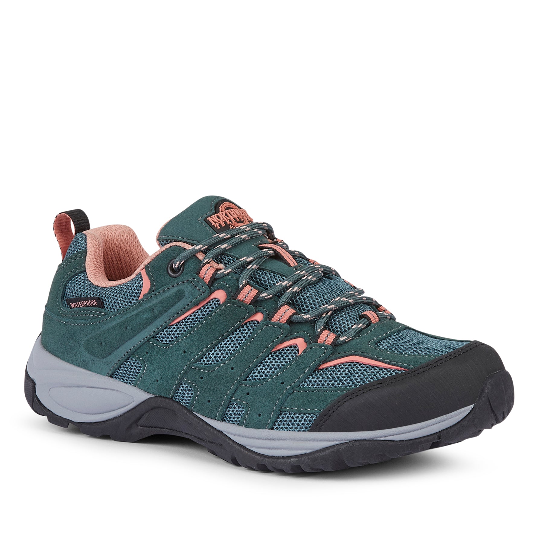 Side view of EDEN Turquoise women's waterproof walking shoes showing the suede leather upper, cushioned heel and supportive sole.