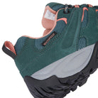 Detail of EDEN Turquoise women's walking shoes highlighting the waterproof construction and premium suede leather upper.