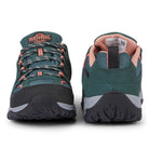 Front and back views of EDEN Turquoise women's waterproof walking shoes showing secure lacing, padded heel and suede upper.