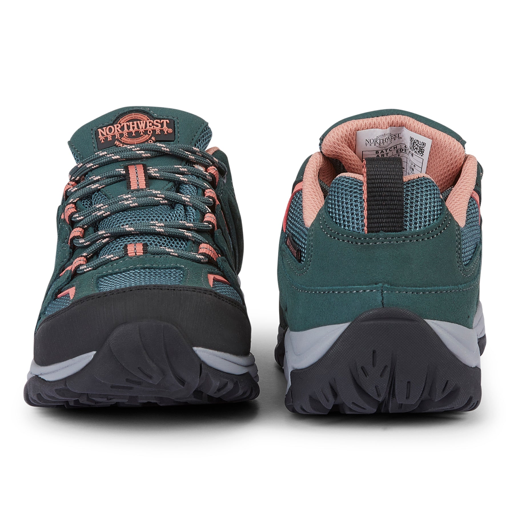 Front and back views of EDEN Turquoise women's waterproof walking shoes showing secure lacing, padded heel and suede upper.