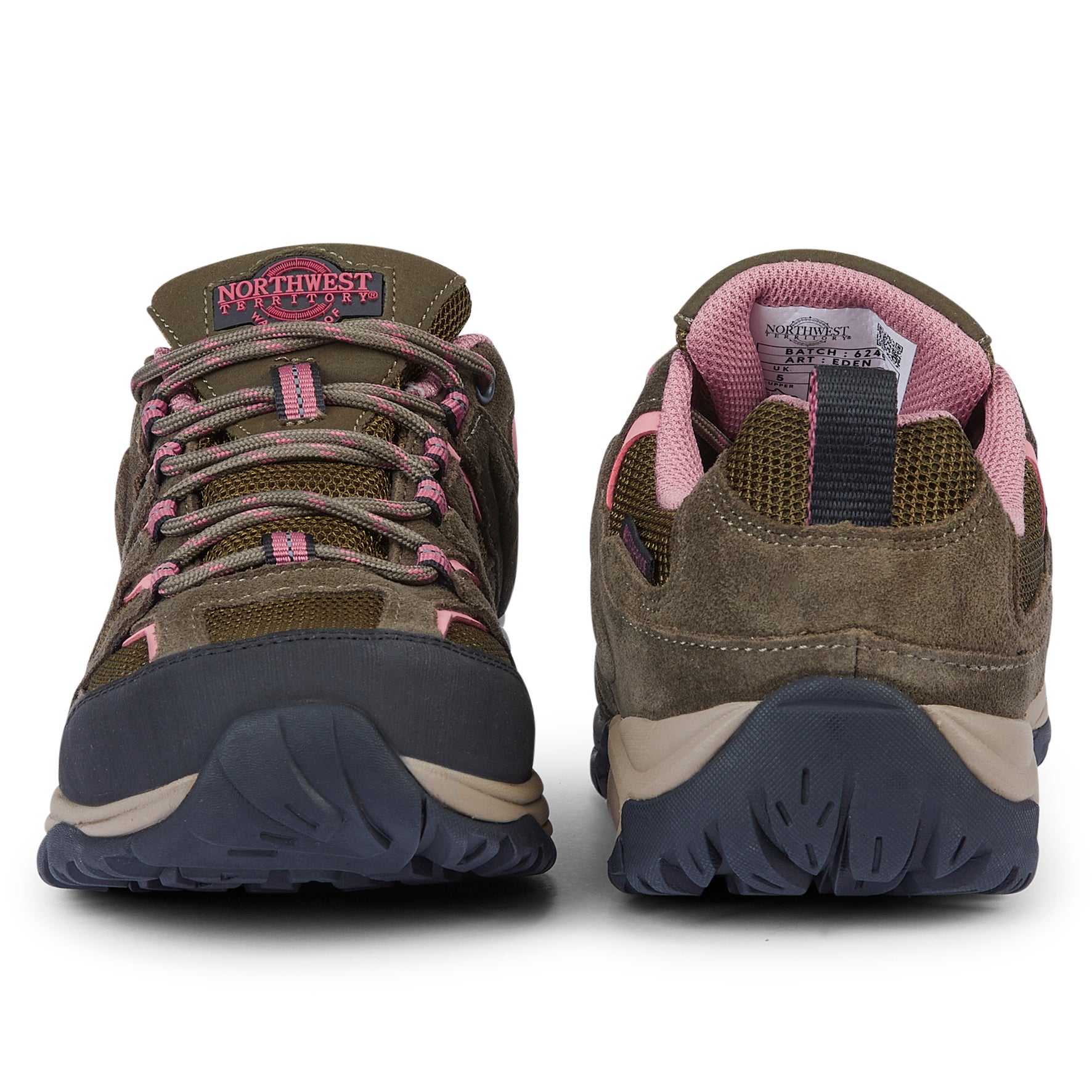 Front and back views of EDEN Moss Green waterproof walking shoes showing secure lacing, padded heel support and suede uppers.