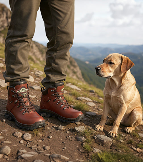TESLIN Men's Leather Waterproof Hiking Boots - Brown lifestyle