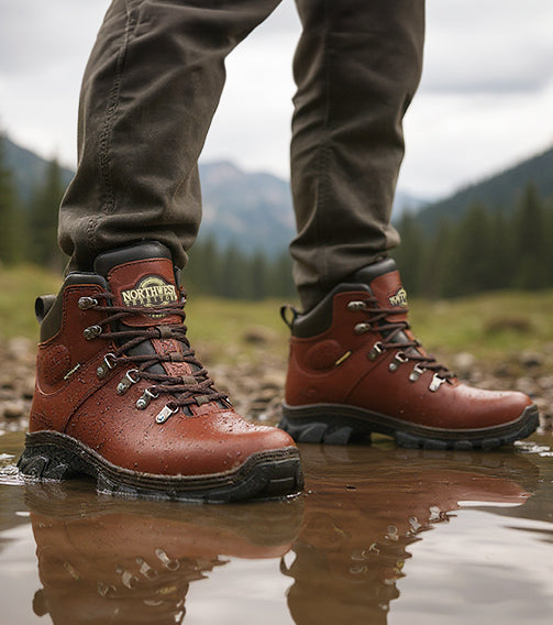 TESLIN Men's Leather Waterproof Hiking Boots - Brown lifestyle