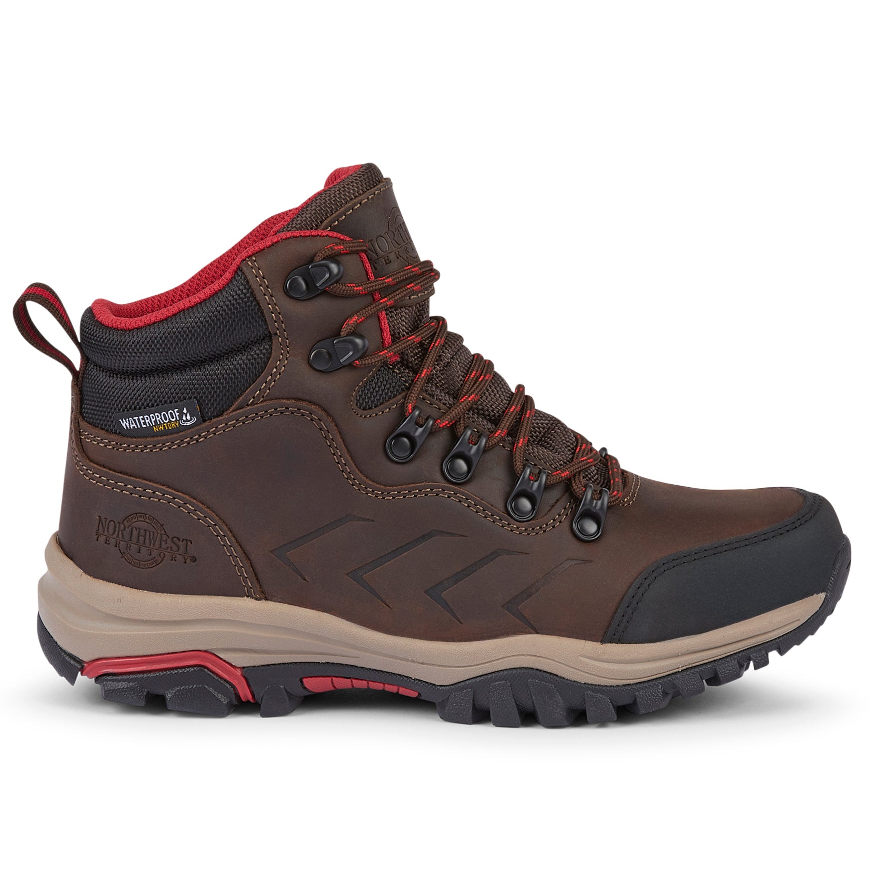 Side view of MALVEEN Waxy Brown women's waterproof walking boots showing the premium leather upper, heel support and outdoor sole.
