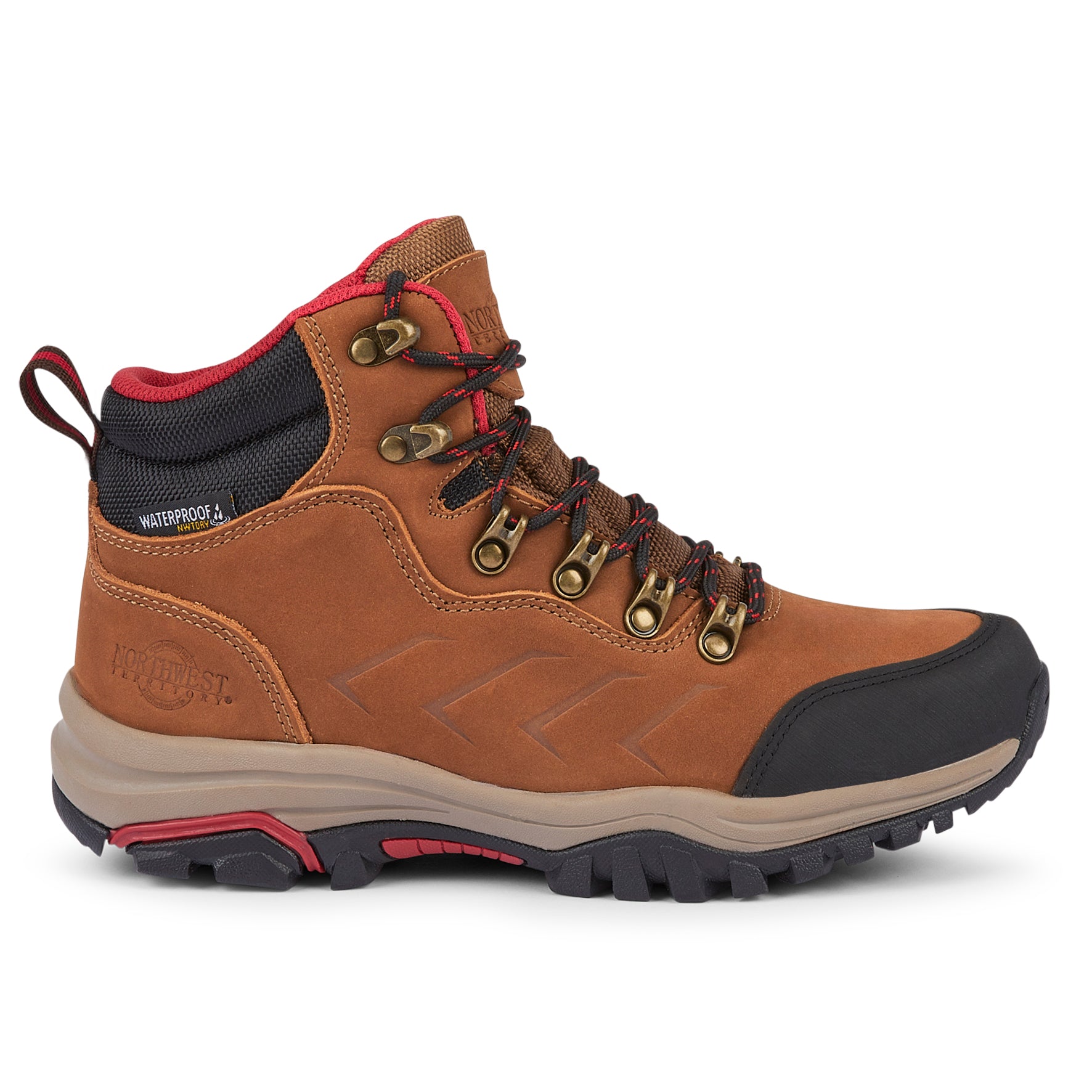 Side view of MALVEEN women's waterproof walking boots showing the Tan Nubuck leather upper, heel support and durable sole.