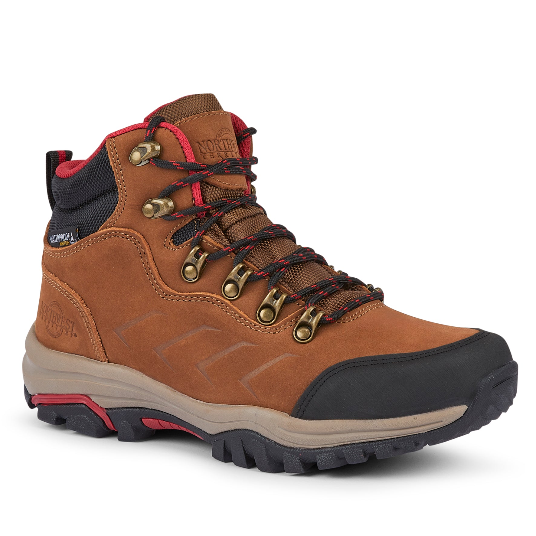 MALVEEN women's Tan Nubuck leather waterproof walking boots with supportive cushioning and a durable outdoor sole.
