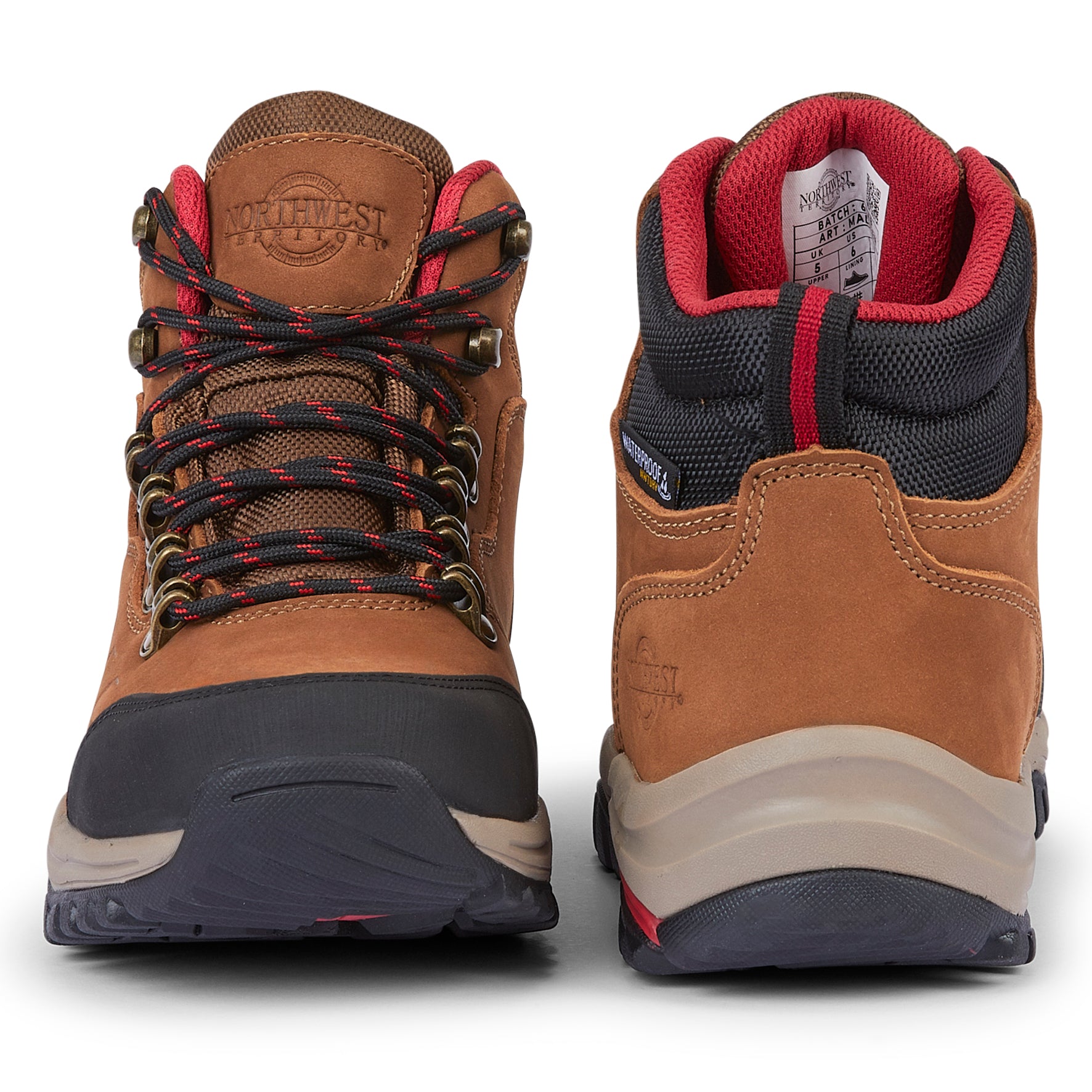 Front and back views of MALVEEN Tan Nubuck waterproof walking boots showing secure lacing, padded heel and leather upper.