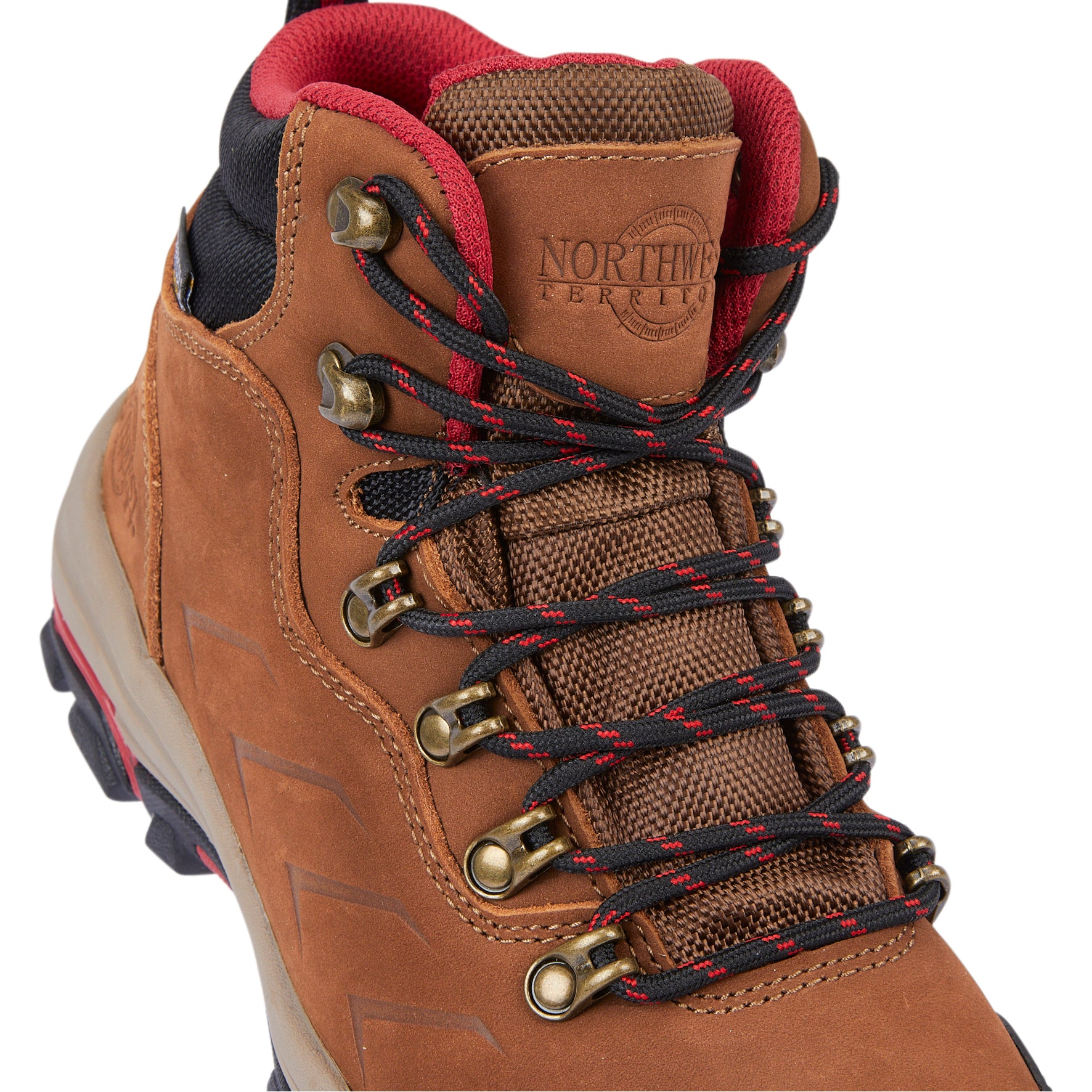 Close-up of MALVEEN women's walking boots showing the premium Tan Nubuck leather texture, stitching and durable finish.