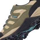 Man wearing RANGER Green suede leather waterproof walking shoes while walking on a British countryside trail during summer.