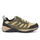 Side profile of RANGER Green men's suede leather waterproof walking shoes highlighting premium suede leather, waterproof construction and durable outdoor sole.