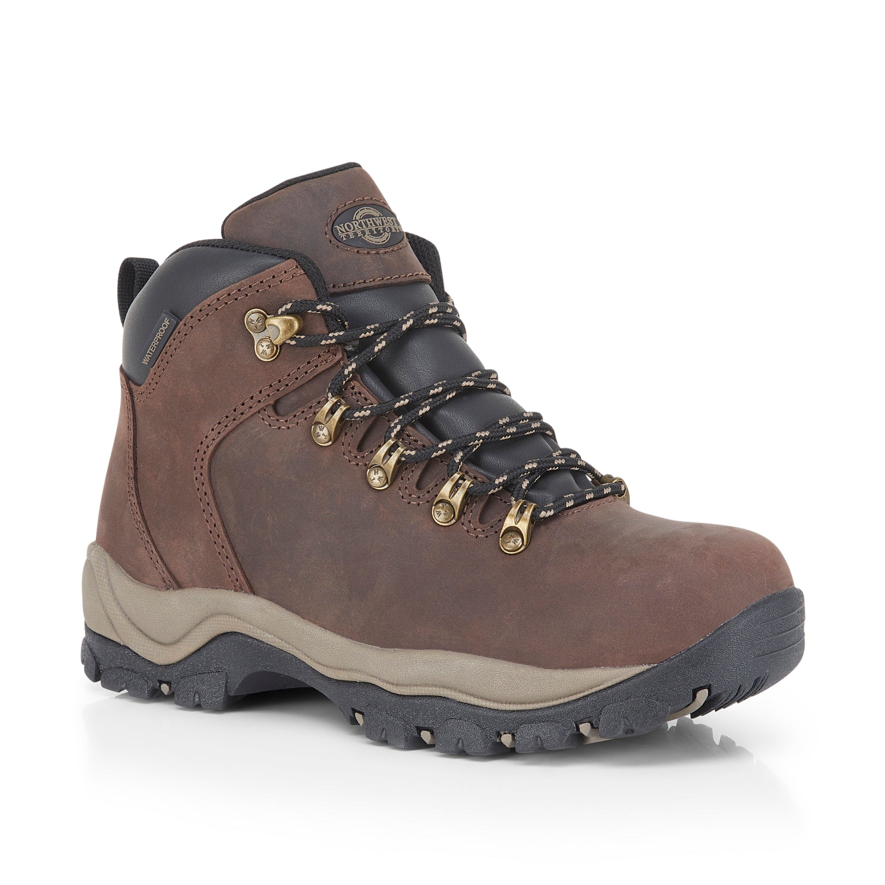 Brown hiking boot with black laces on a white background