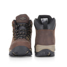 Pair of brown hiking boots with visible brand logo on a white background