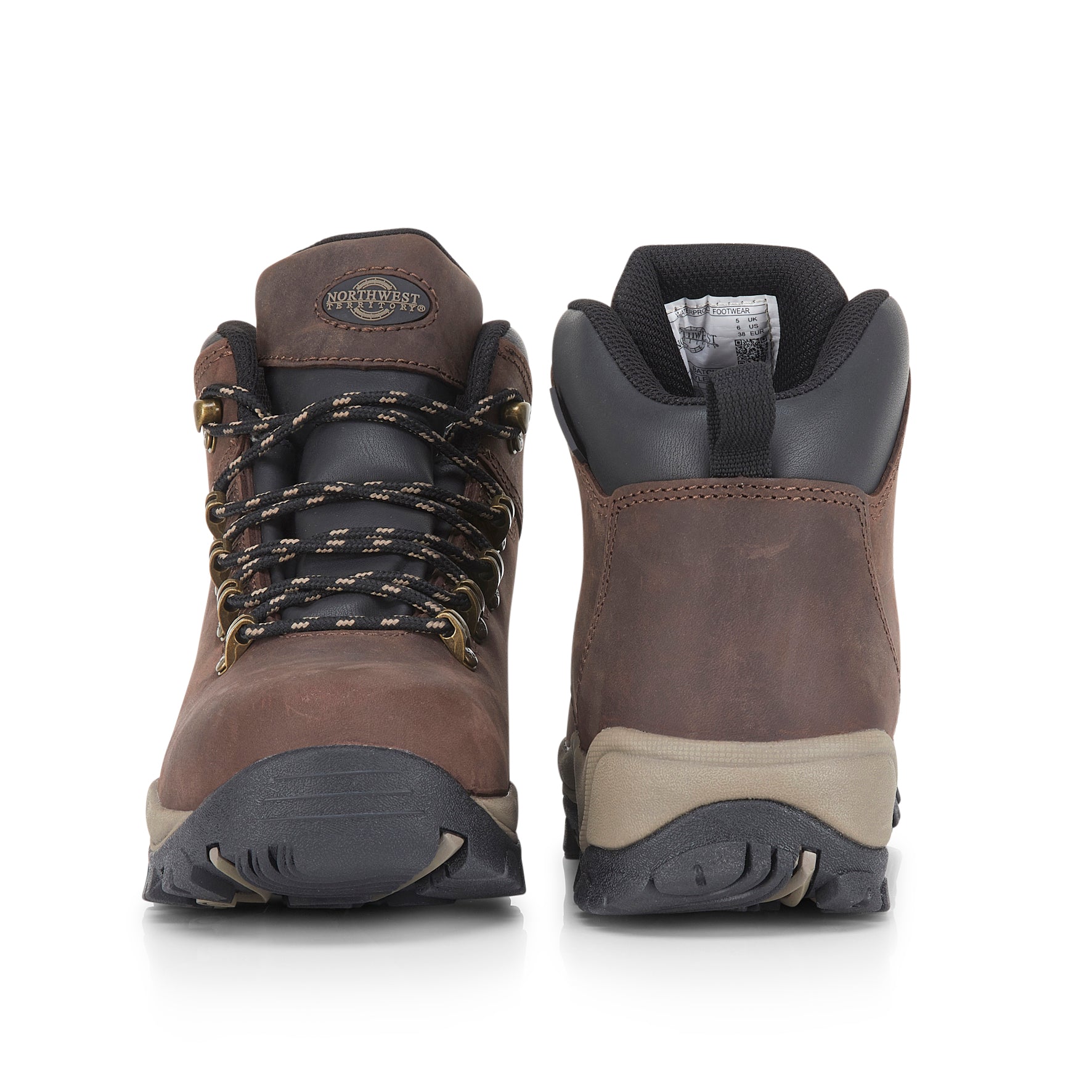 Pair of brown hiking boots with visible brand logo on a white background