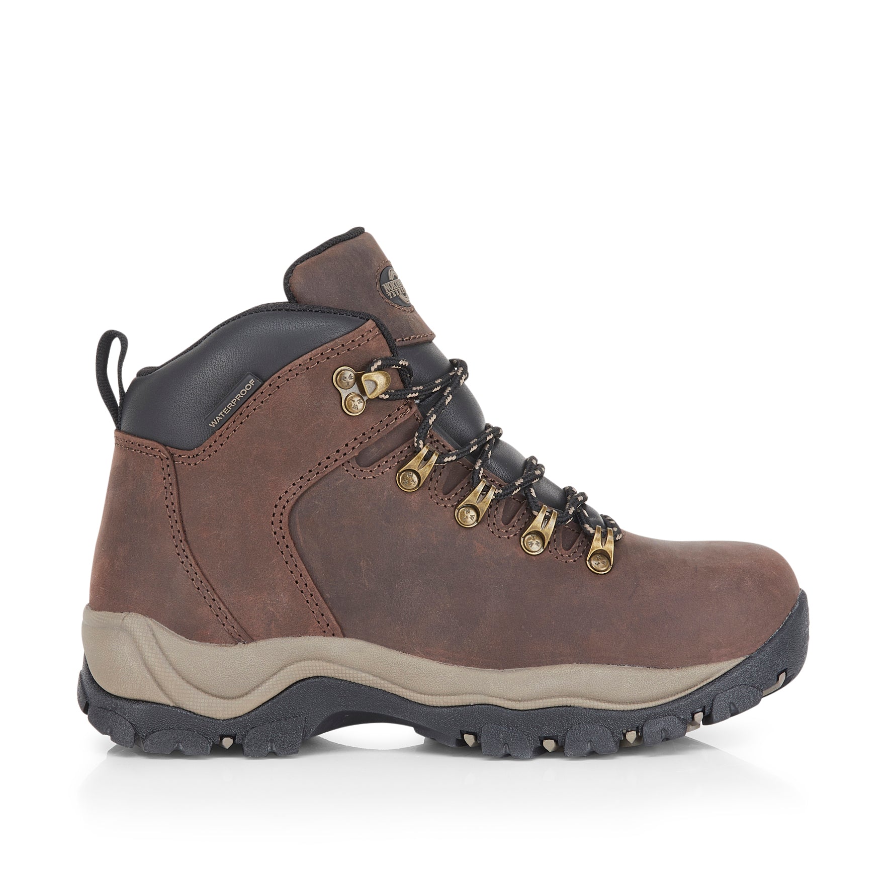 Brown hiking boot with black sole on a white background