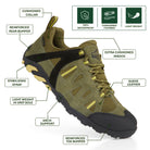 Close-up of GLYDER Ranger Green suede leather waterproof walking shoes highlighting premium leather texture, reinforced stitching and waterproof craftsmanship.