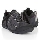 Close-up of premium suede leather, reinforced stitching and waterproof finish on GLYDER walking shoes.