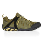 Side profile of GLYDER Ranger Green men's waterproof walking shoes highlighting premium suede leather, waterproof finish and lightweight outdoor design.