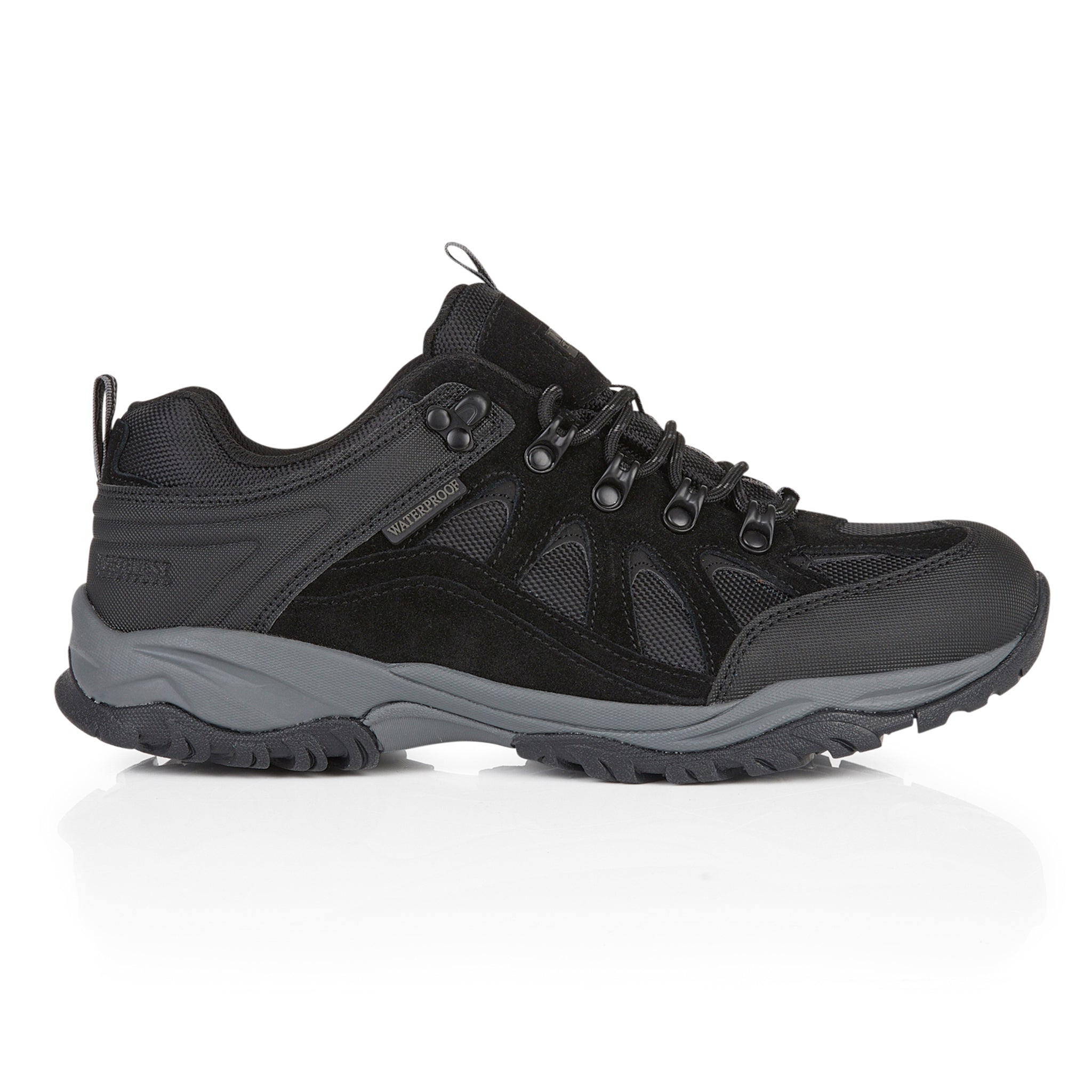 Side profile of Steen men's black suede leather waterproof walking shoes