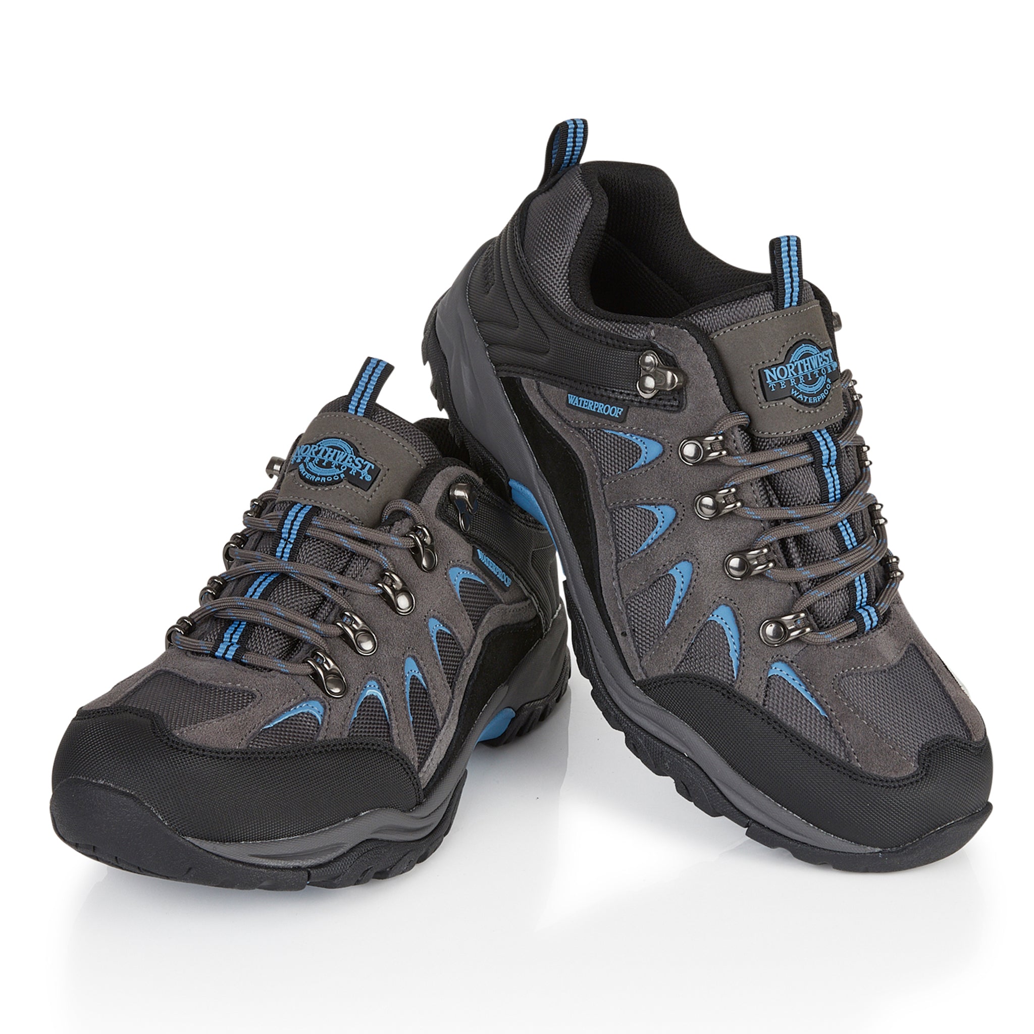 Angled view of Steen men's grey waterproof walking shoes featuring suede leather upper and supportive outdoor sole.