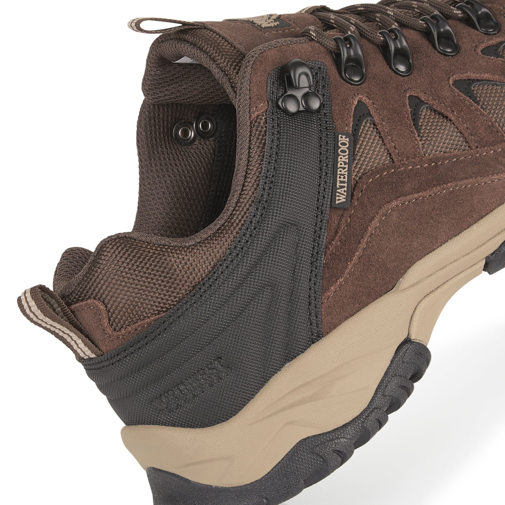 Rear view of Steen men's suede leather waterproof walking shoes showing padded heel support and durable construction for long-distance walking.