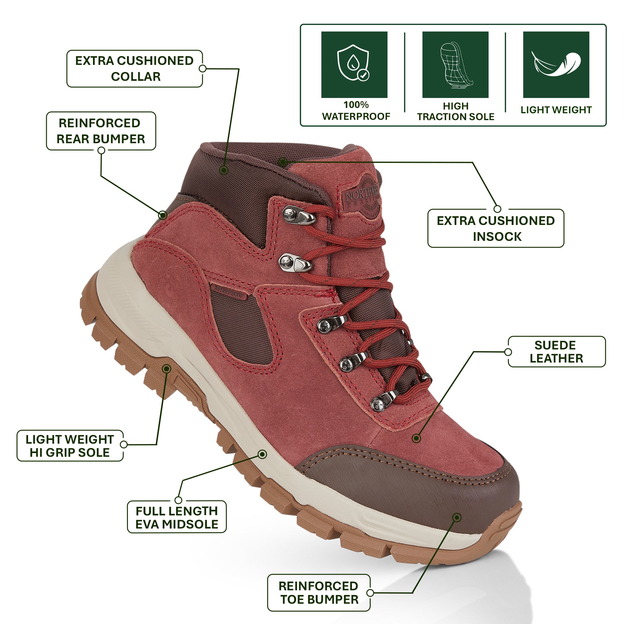 Angled view of Storm women's waterproof hiking boots in Bordeaux for outdoor adventures
