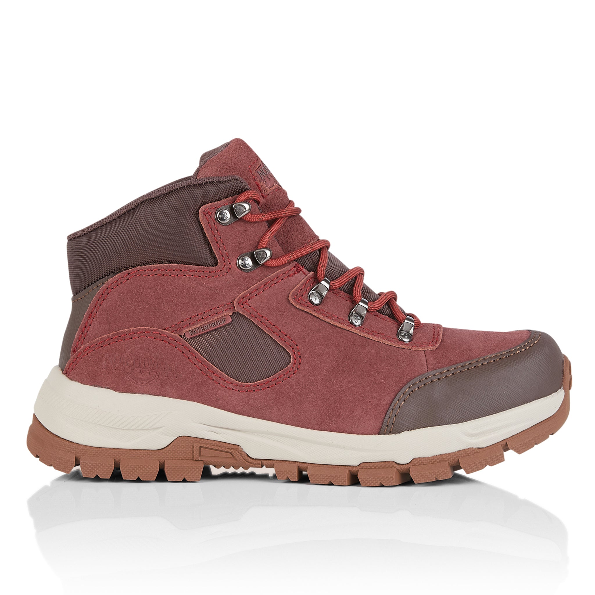 Side view of Storm women's waterproof walking boots in Bordeaux with supportive and lightweight design