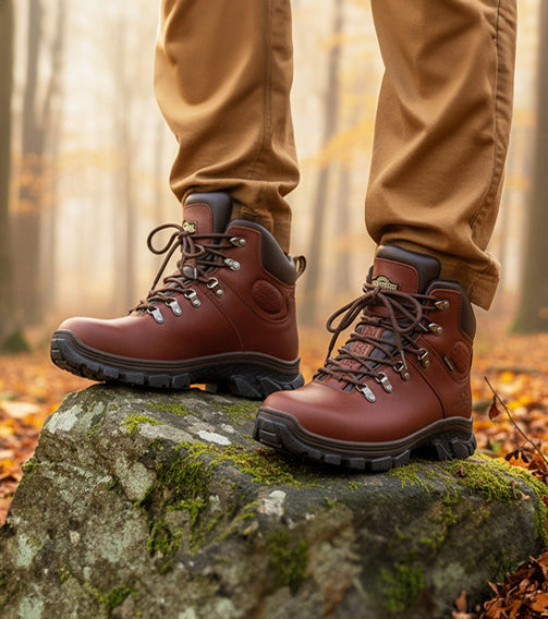TESLIN Men's Leather Waterproof Hiking Boots - Brown lifestyle